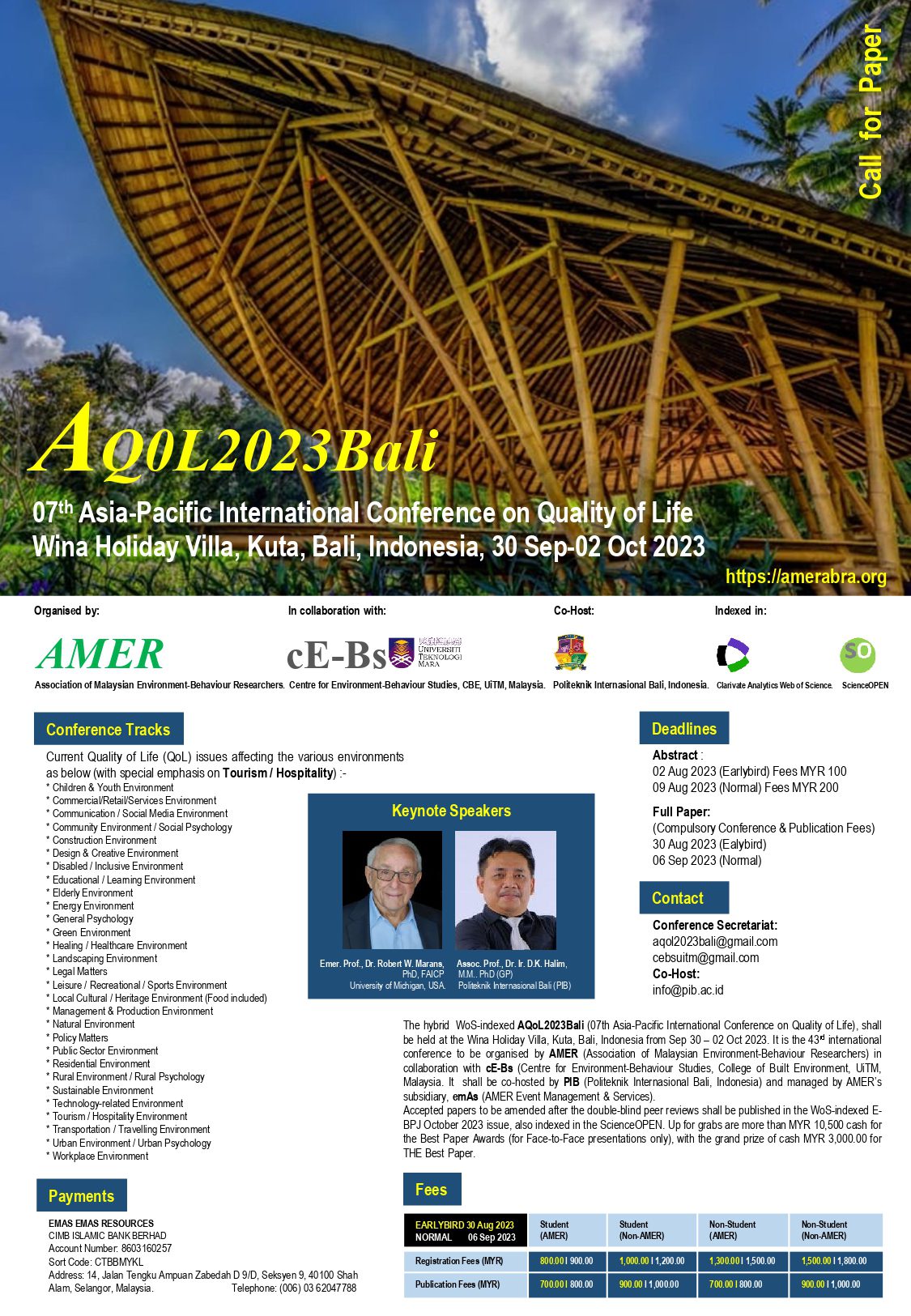 CALL FOR PAPERS: The 7th Asia-Pacific International Conference on Quality of Life (AQoL) 2023